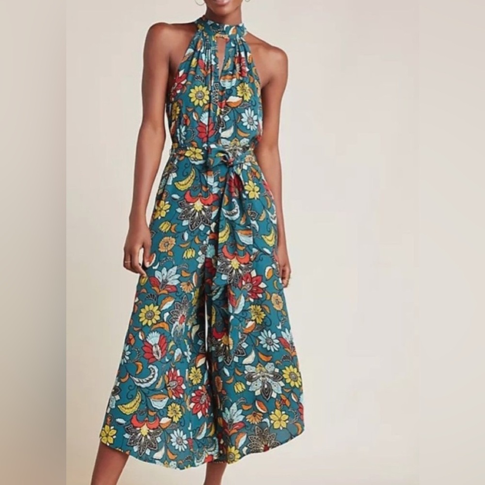 Anthropologie Geneva Halter Wide-Leg Jumpsuit Size L Teal Green Floral Paisley